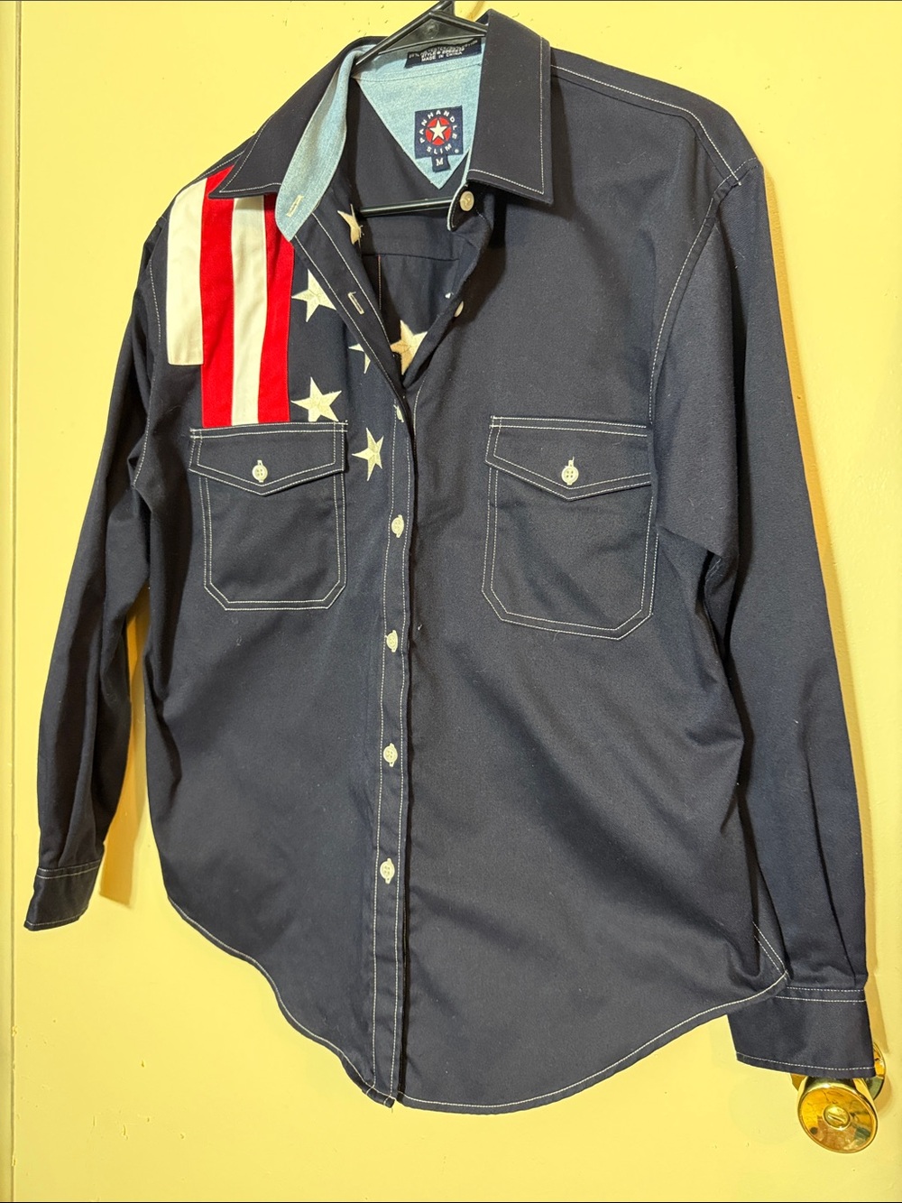 Panhandle Slim Navy Button-Down Shirt with Red & White Flag Accent